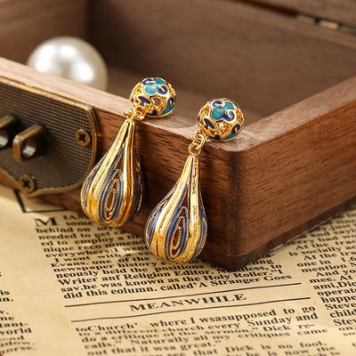 SUYU Kupfer Emailliert Geschnitzt Öltropfen Ethnischer Stil Retro Ohrringe Lang Damen Leichte Luxus Ohrringe Mode Zirkon Accessoires