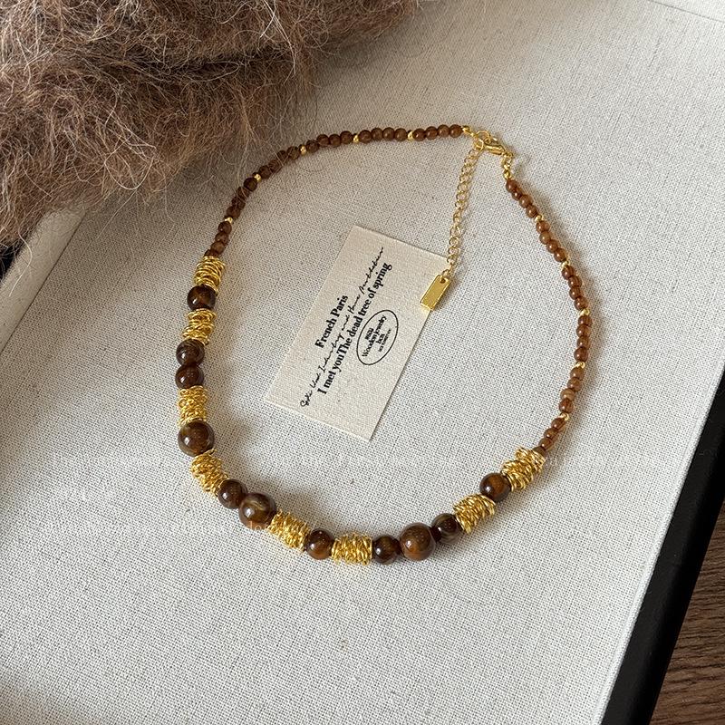 Maillard Vintage Oval Tiger Eye Long Necklace: Niche Light Luxury Sweater Chain for Women