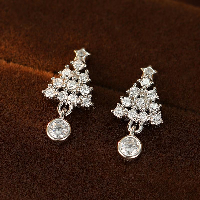 Boucles d'oreilles puces de luxe Arbre de Noël et Étoile en Argent Sterling S925 - Cadeau Exquis Style Mori pour Femmes