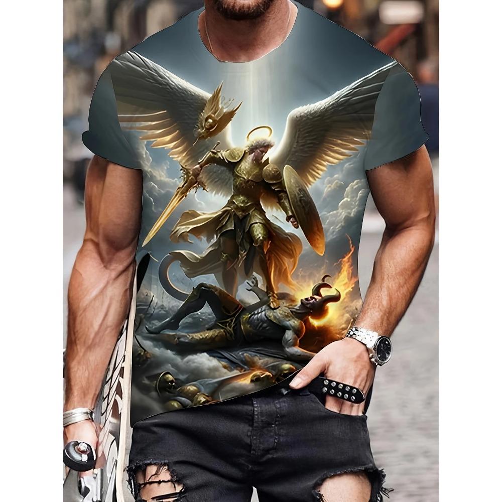 Mens 3d Angel Warrior Graphic T Shirt Golden Sword Design 3D Printed Tshirt For Men Clothes Wing Ornate Border Unisex Tee Tops