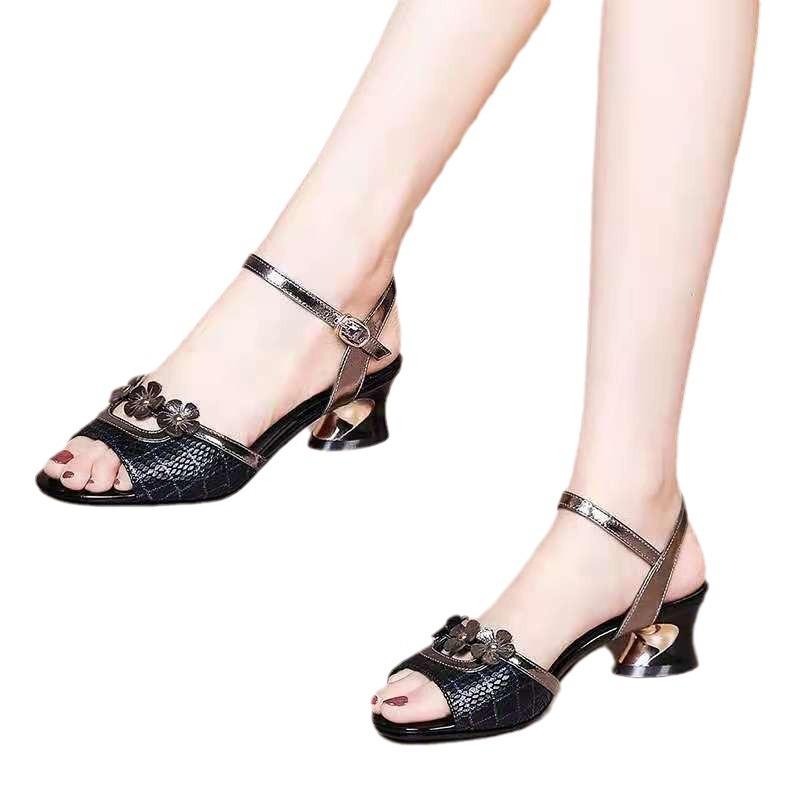 2024 Summer Open Toe New Retro Flower Color Block Fashion Thick Heel Women's Sandals with One Line Buckle Sandals