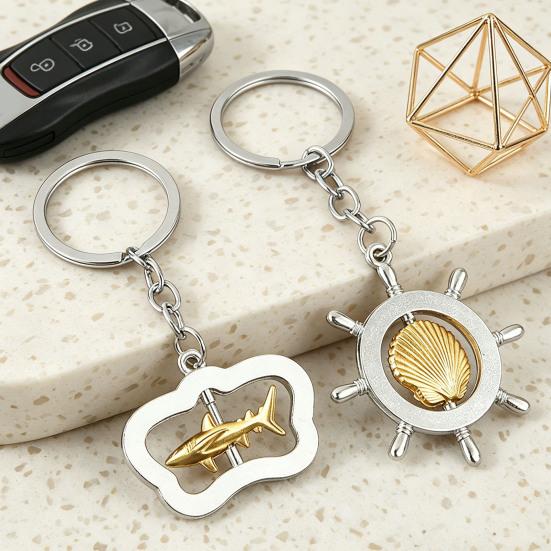 Ocean-Themed Keychain Rotatable Seashells Sharks Seahorses Turtles Zinc Alloy Key Ring Pendant Backpack Bag