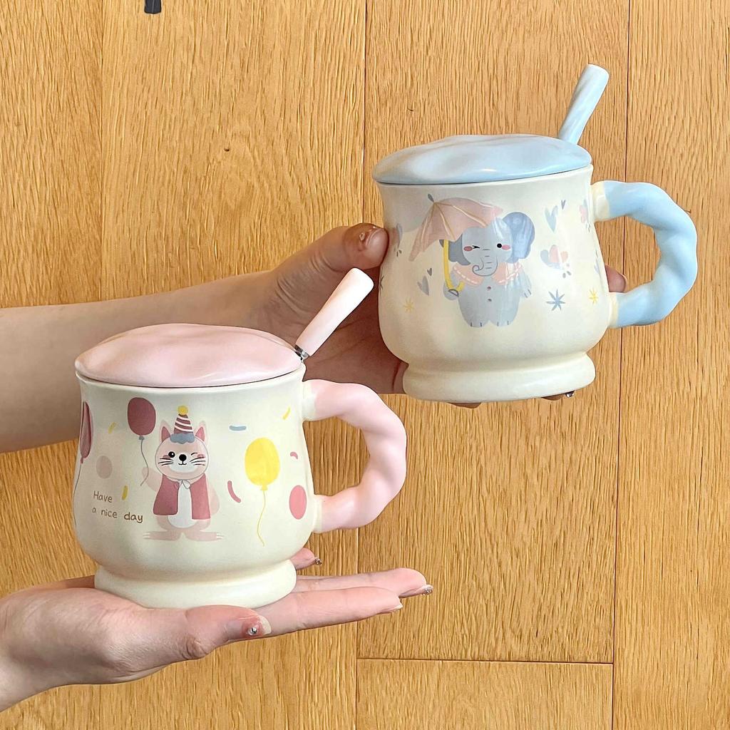 Cute Ceramic Mug Couple Cartoon Drinking Water Cup with Lid Spoon Office Coffee Cup Birthday Gift