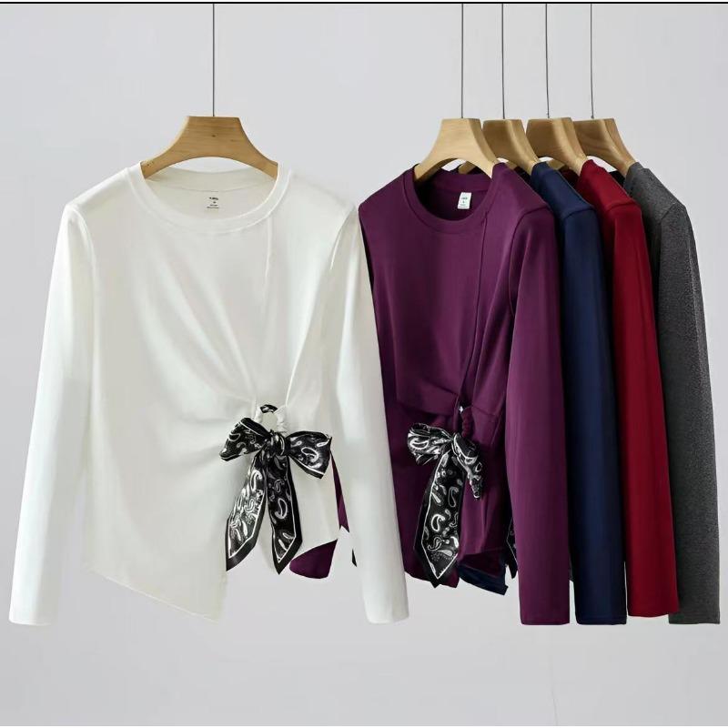 New Spring and Autumn Lace-up Waist Women's Long-sleeved T-shirt Slimming Belly-covering Bottoming Shirt