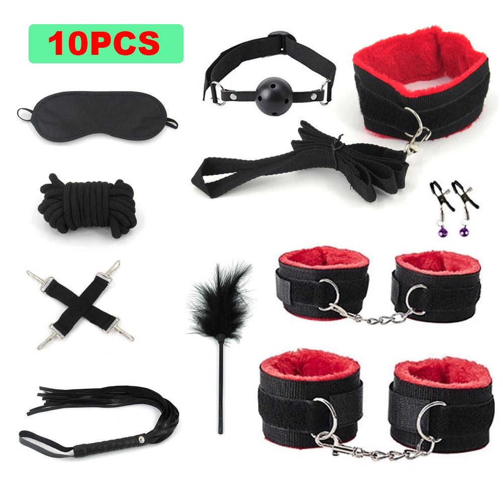 BDSM Bondage Set Sex Product Erotic Toys For Adults Games Plush Leather Handcuffs Nipple Clamps Gag Whip Rope Anal Plug