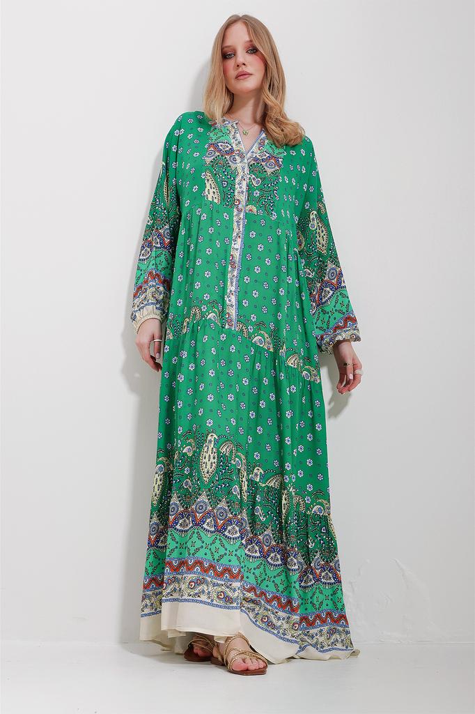 Women's Hijab Dress New Season Fashion Orange Magnetic Collar Paisley Patterned Maxi Dress