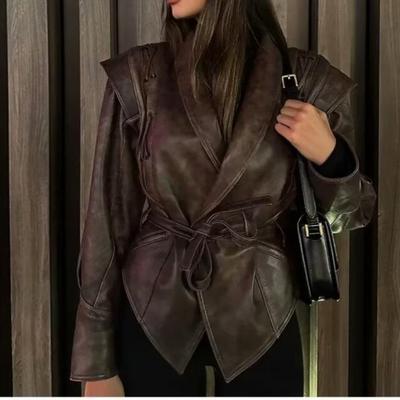 Jaqueta de couro sintético outono inverno feminina moda vintage gola em v casaco feminino pu elegante high street casual feminino outwear