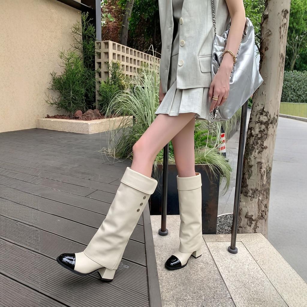 Height increase~ Xiaoxiangfeng color matching high boots women's flanged button thick heel long boots retro thin knight boots women
