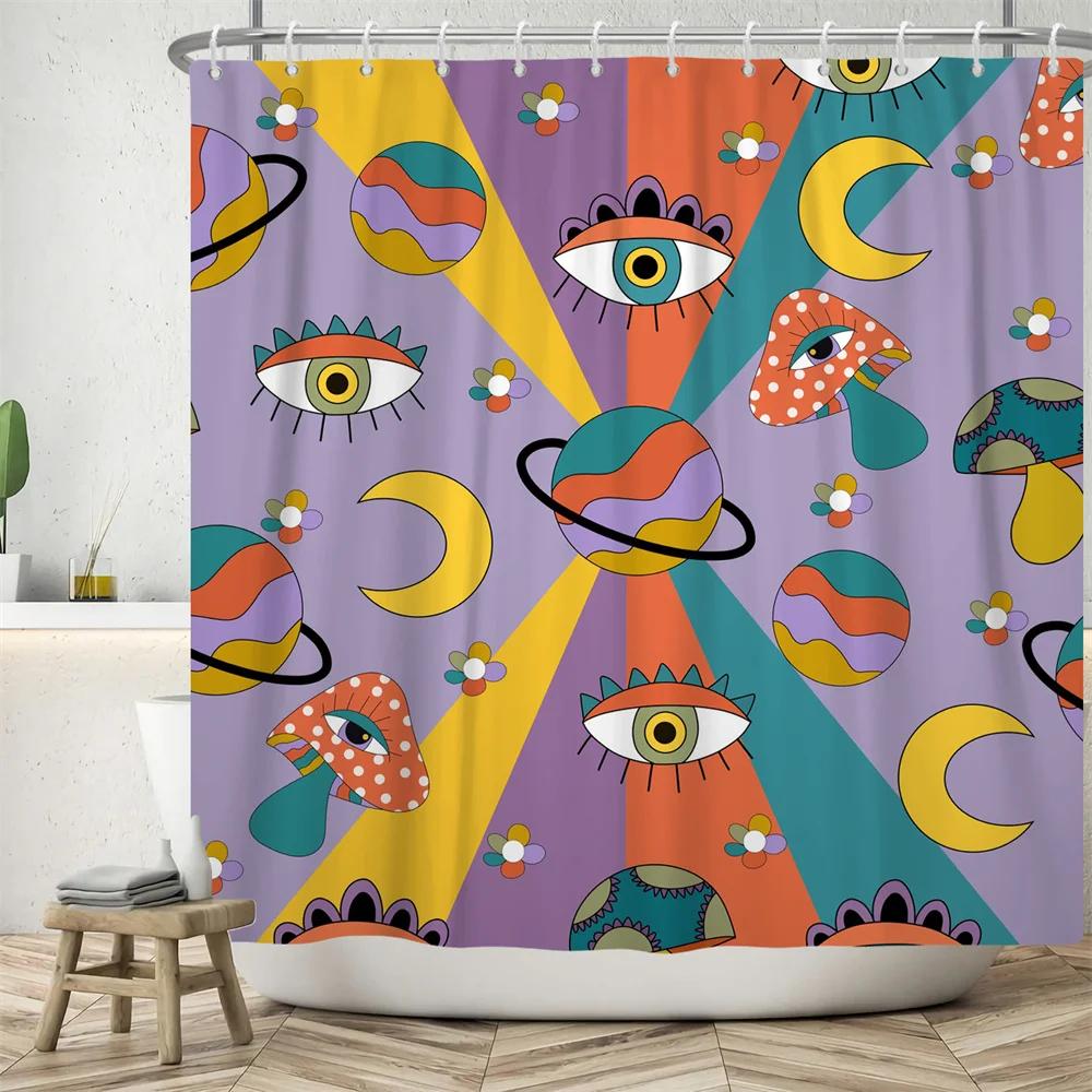 70's Colorful Flowers Shower Curtain Rainbow Mushroom Printing Bathroom Curtains Polyester Waterproof Bathtub Screen with Hooks