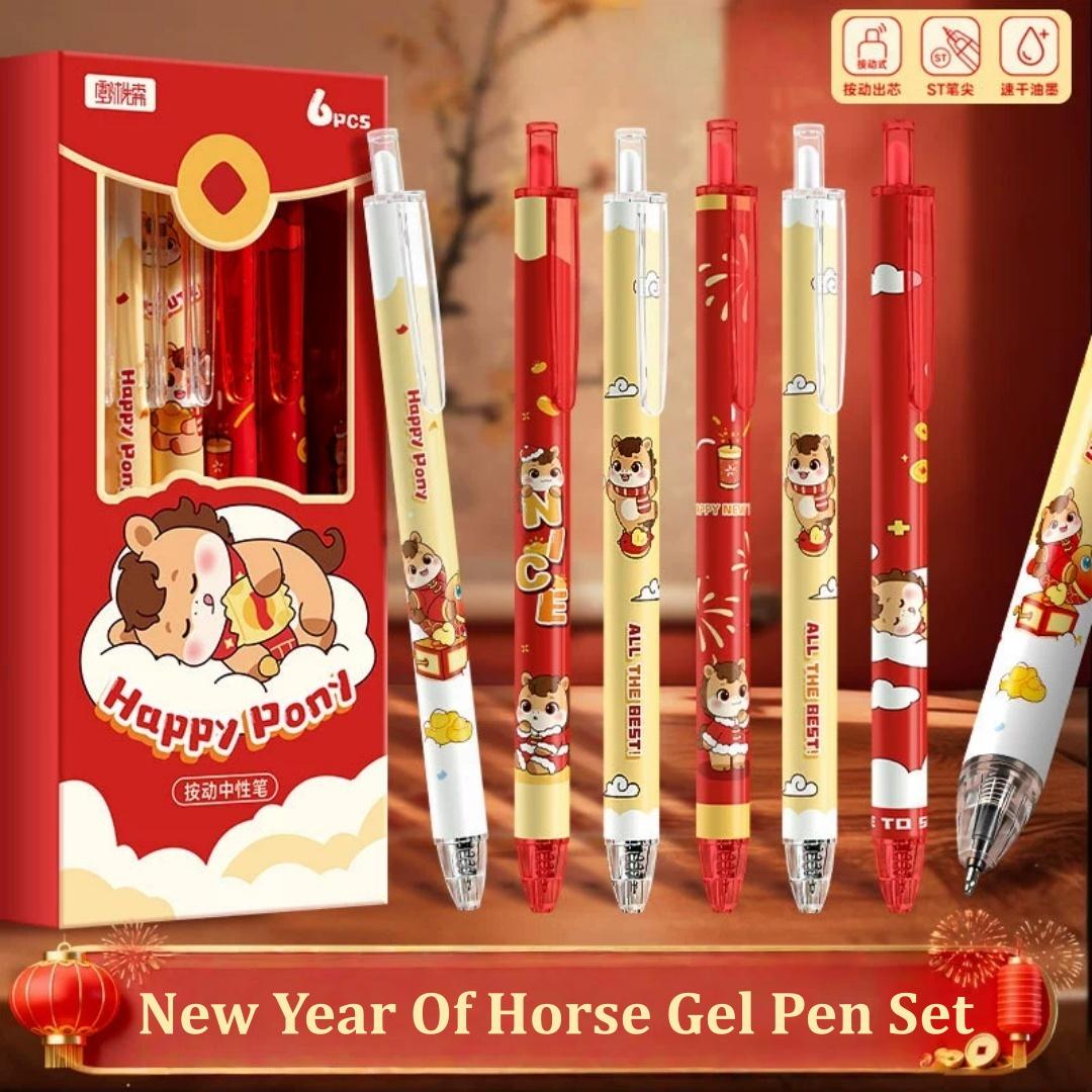 

6pcs New Year Of Horse Gel Pen Set 0.5mm Black Ink Quick-Drying & Smooth Writing Pen for Office School Stationery Supplies Gift
