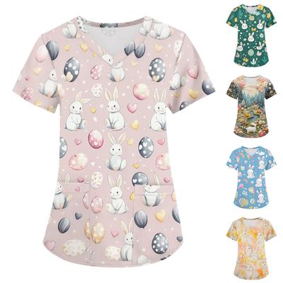 Women's Fashion V-neck Short Sleeve Workwear With Pockets Printed Tops