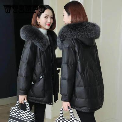 Women's Mid-length Down Cotton-padded Fur Jacket with Faux Sheep Fur and Fox Fur Collar