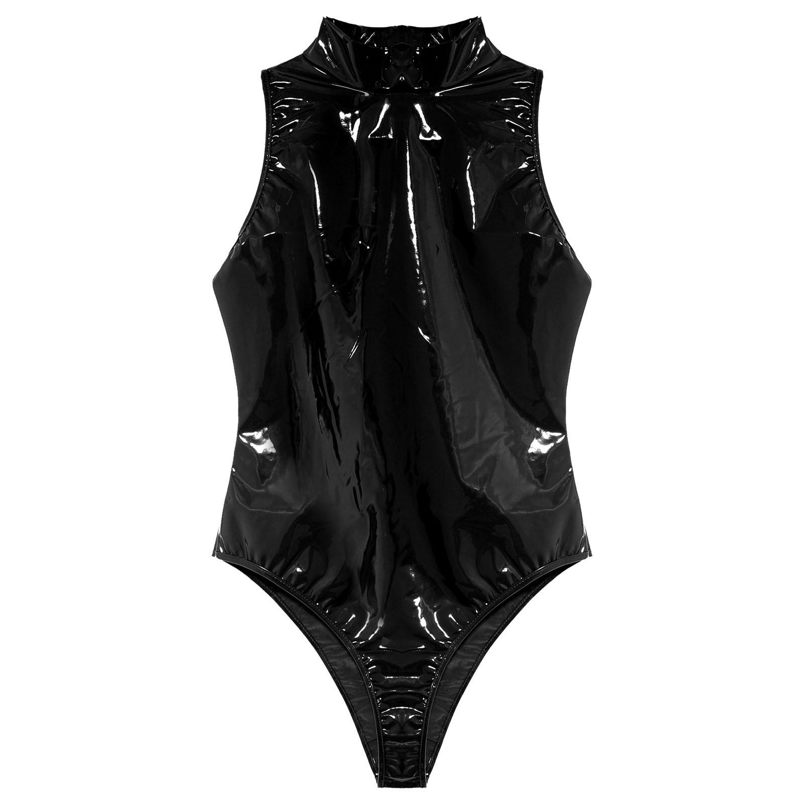 

Womens Mock Neck Sleeveless Bodysuit Wet Look Patent Leather Catsuit High Cut Tight One Piece Jumpsuit L чорний