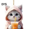Car Hanging Pendant 2D Kitty In Hoodie Holding Milk Tea Figurine Lightweight School Bag Shoulder Bag Pendant with Beaded Chain Holiday Gift