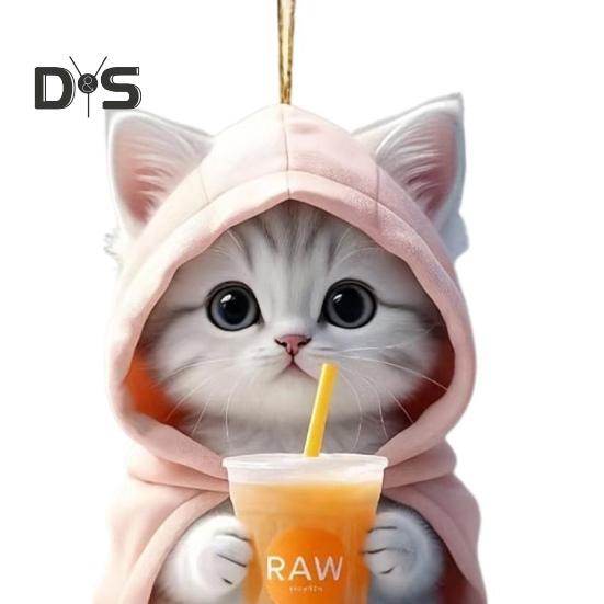 Car Hanging Pendant 2D Kitty In Hoodie Holding Milk Tea Figurine Lightweight School Bag Shoulder Bag Pendant with Beaded Chain Holiday Gift