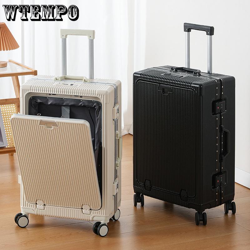 Front Opening Multifunctional Rolling Aluminum Frame Laptop Luggage with Spinner Wheels - Carry On Travel Suitcase with Combination Lock for Men Women