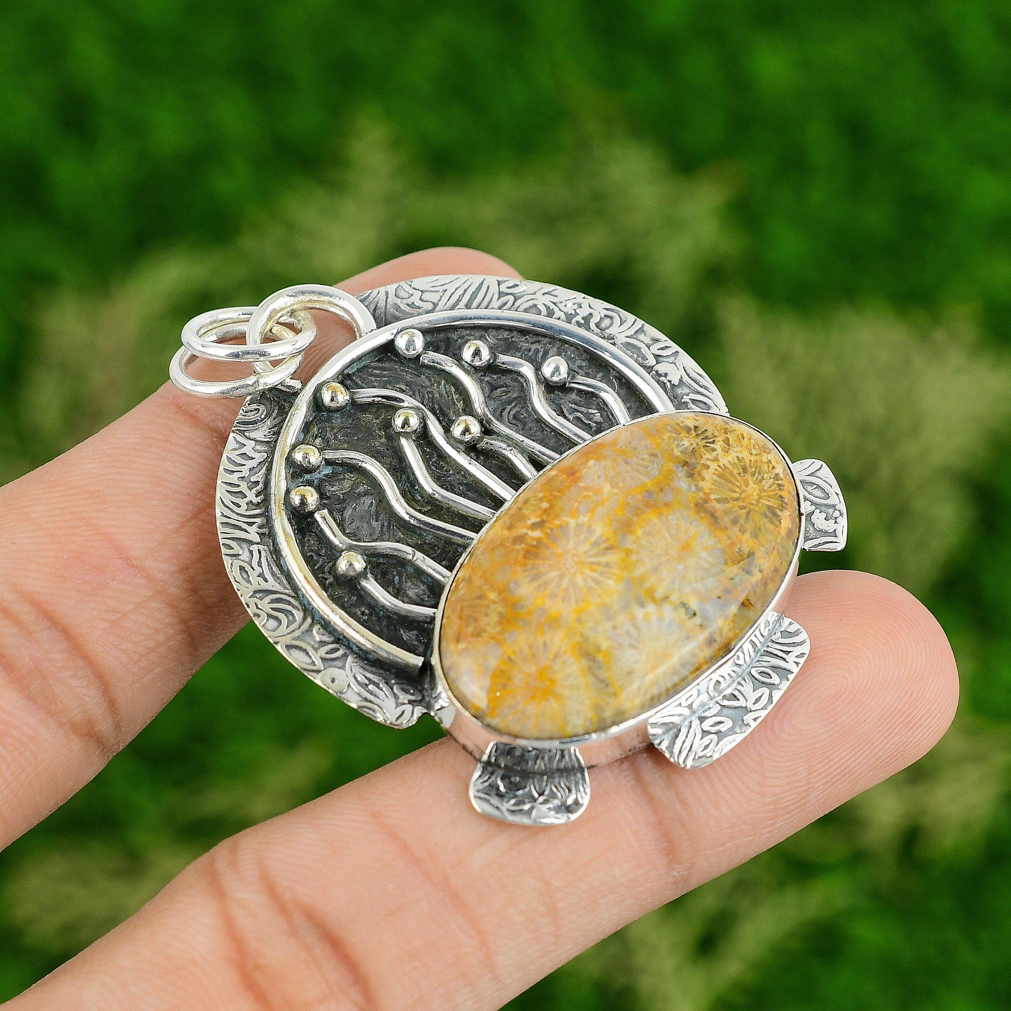 

925 Silver Oval Fossil Coral Gemstone Bezel Mother Anniversary Pendant Jewelry