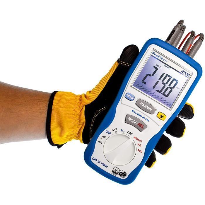 Peaktech 2705 - milliohmmètre numérique avec cordons de mesure kelvin à 4 broches, mesure de distance, tüv/gs,