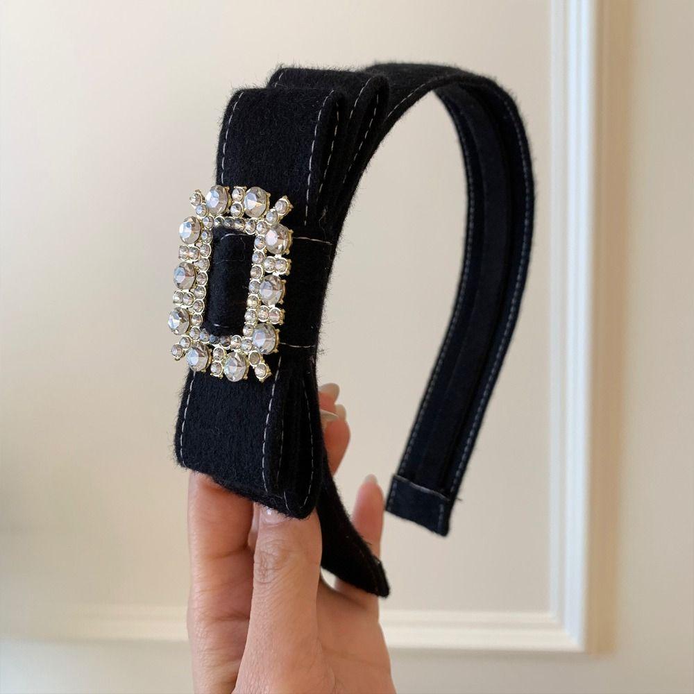 Korean Style Rhinestone Bow Headband Vintage Flocking Hair Hoop Wide Edge Hairband  Lady
