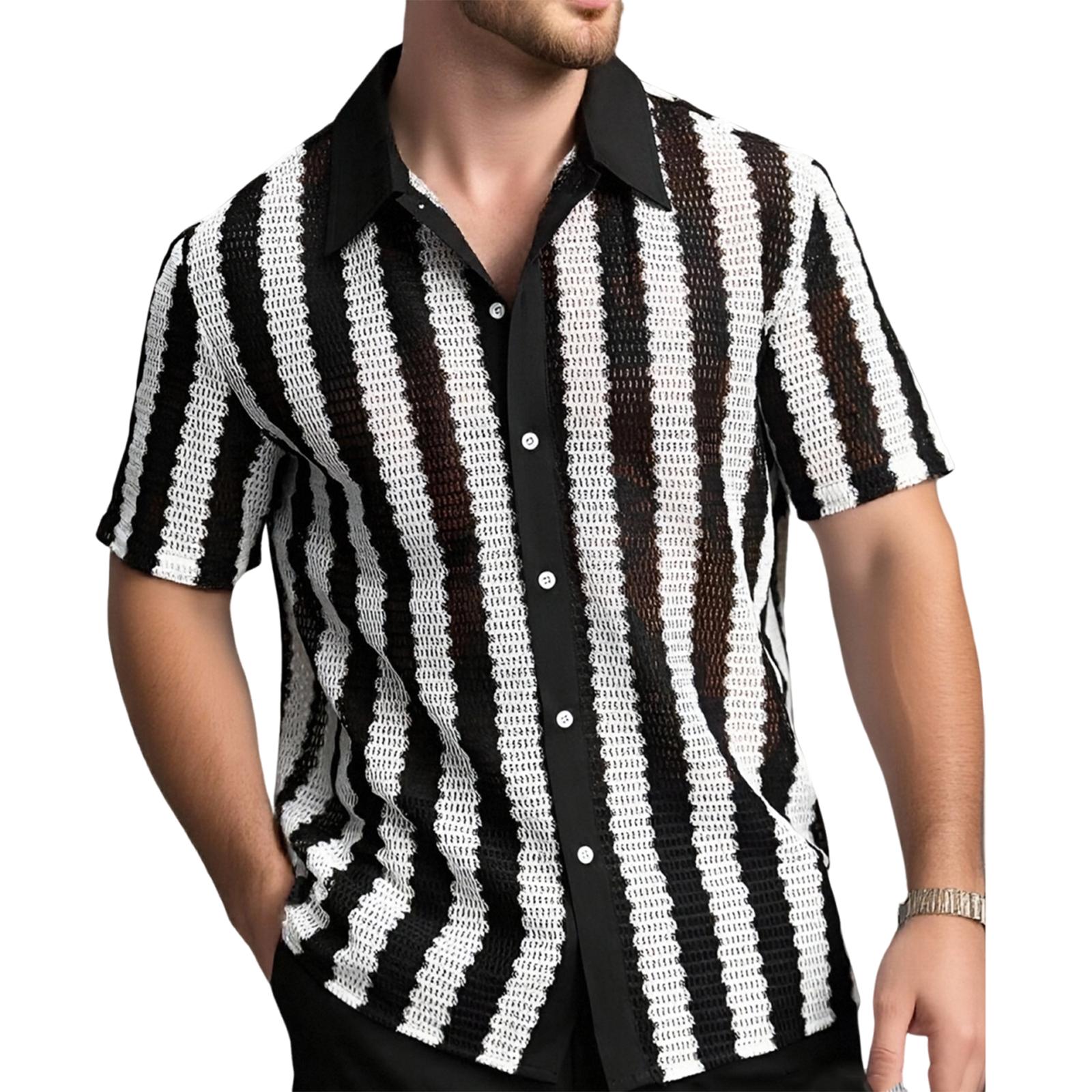 

Men s Lace Short-sleeved Shirt With See-through Buttons, Holiday Casual Hollowed-out Top M чорний