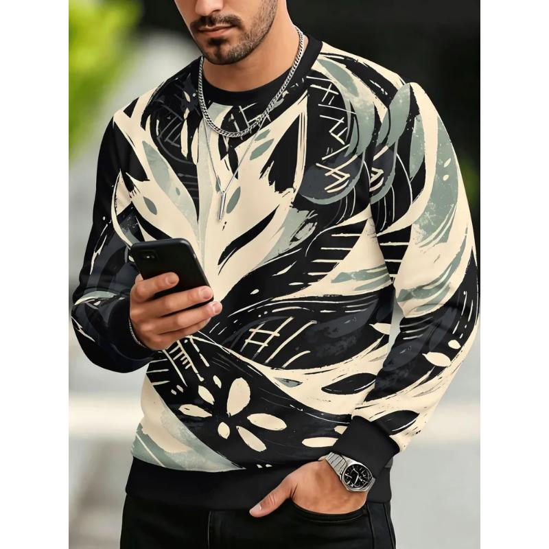Fashion Men's Crew Neck Long Sleeve 3D Casual Color Printing Casual Long Sleeve Crew Neck T-Shirt