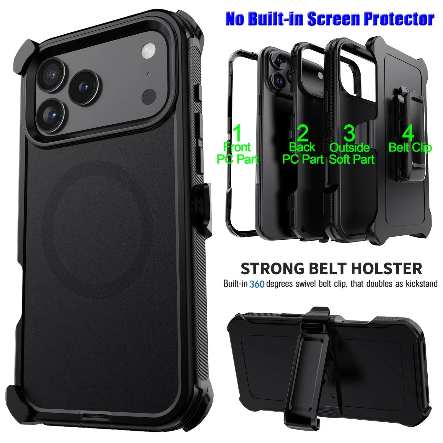 

3-слойный прочный защитный чехол-броня Phoen для iPhone Air 17 Pro Max 16 E 15 14 Plus 13 с зажимом для ремня, противоударная защитная крышка iPhone 13 чёрный