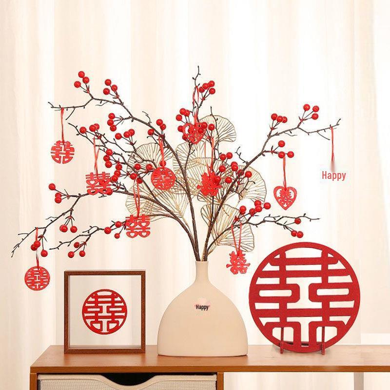 Red Fruit Prosperity Flower Arrangement Figurine for Wedding and Living Room Decor