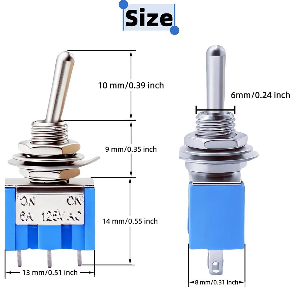 12PCS Mini Toggle Switch SPST 6A 125V Miniature ON/ON 3 Pin 2 Position Micro Rocker Switches 6 Amp 125 Volt MTS-102