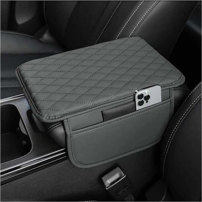 1pc Universal Leather Car Armrest Cover - Soft, Durable, 2 Storage Pockets, High-Quality Interior Accessory for Most Vehicles.