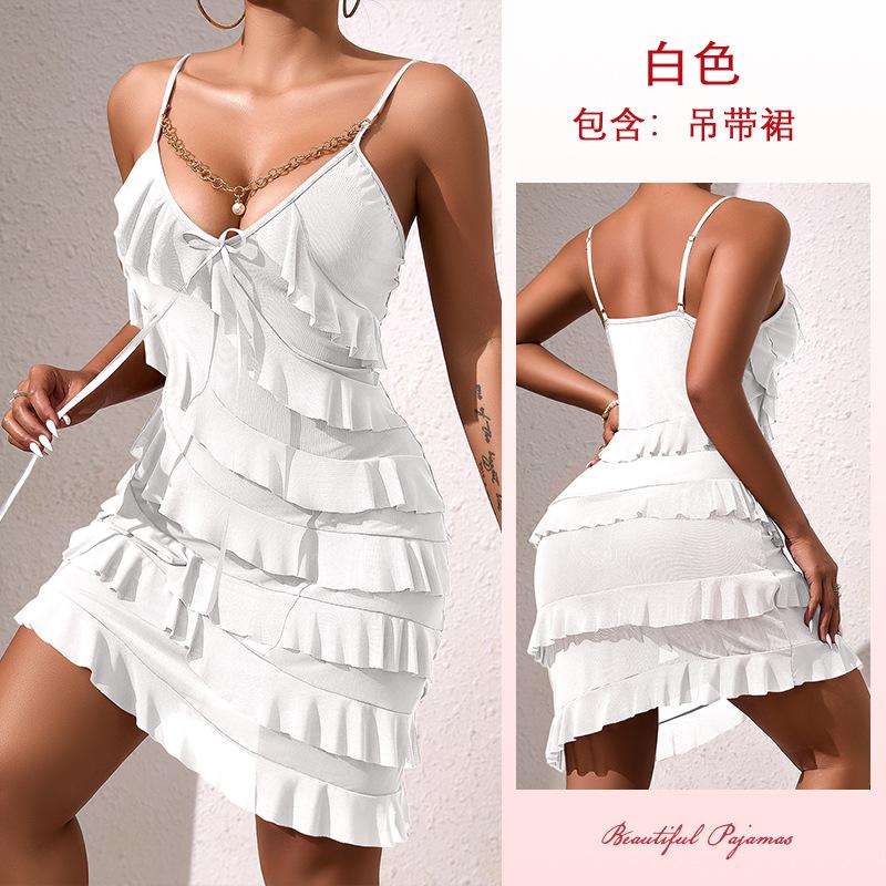 European and American women's chain decorative sexy mesh suspender dress multi-layer ruffle edge hip skirt 891