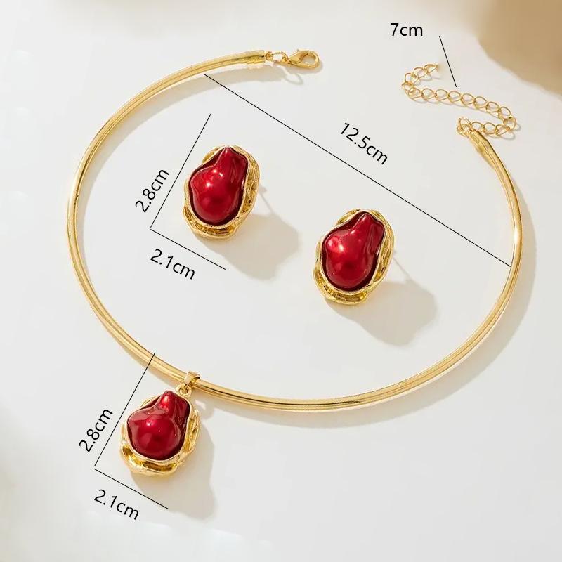 Burgundy Imitation Pearl Baroque Stud Earrings Collar Set High Value Light Luxury Niche Versatile Temperament