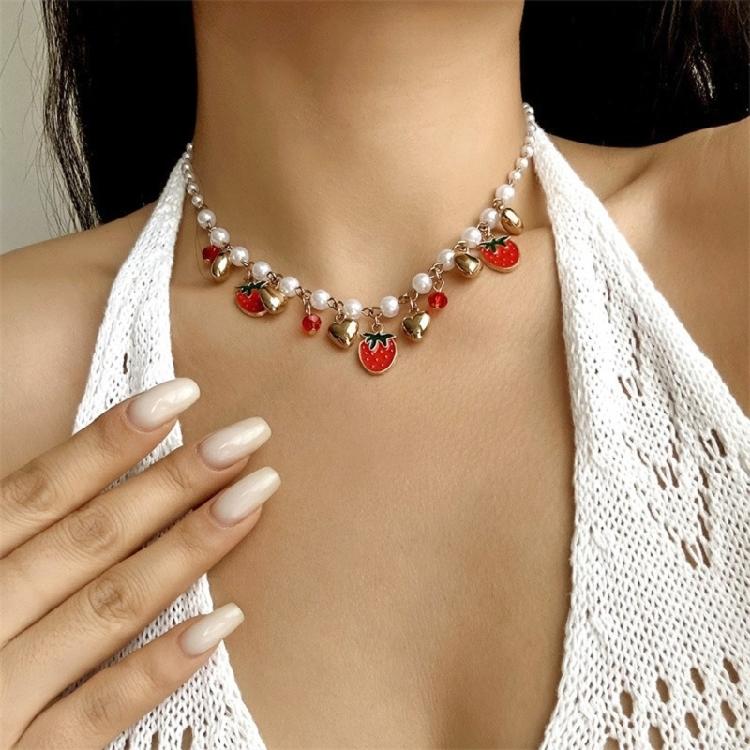 Playful Cherry Strawberry Heart Pendant Necklace With Margarite Details Flexible Chain Design Ideal For Layering