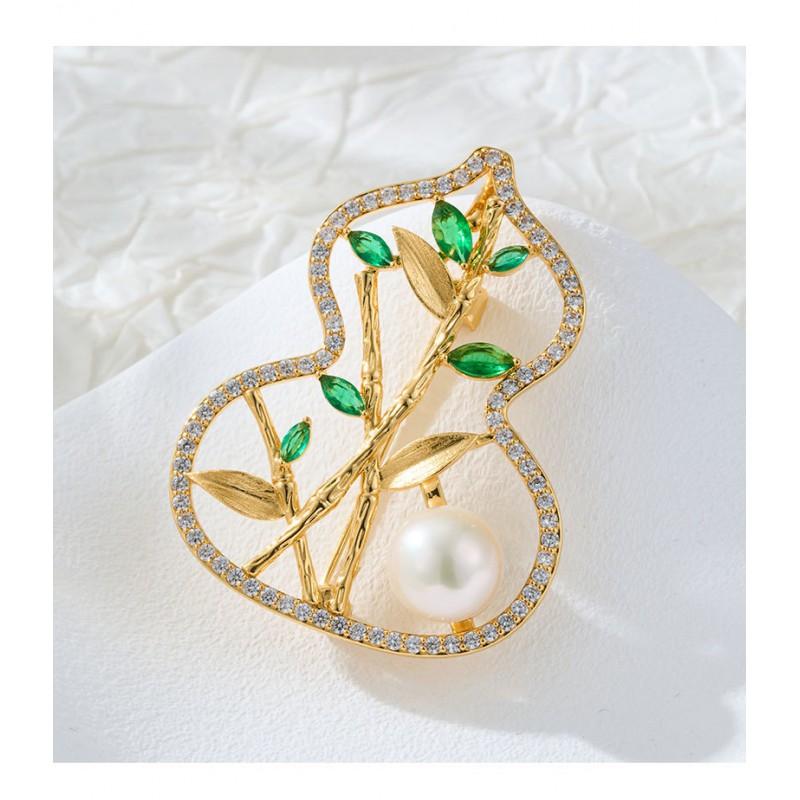 Elegant Hollow Gourd Brooch With Zircon Freshwater Pearl Gold-Plated Copper Alloy Pin Men Women