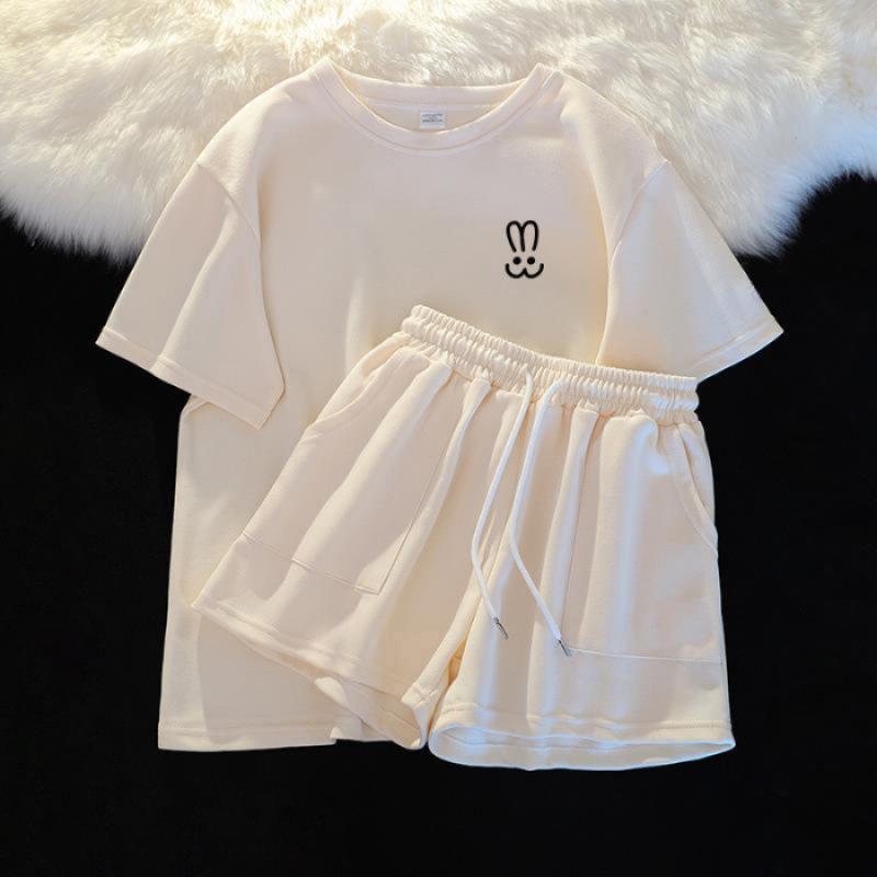 

2024 Женский летний спортивный костюм больших размеров: Топ с коротким рукавом и свободные шорты, повседневный костюм-двойка XXXL абрикосовый