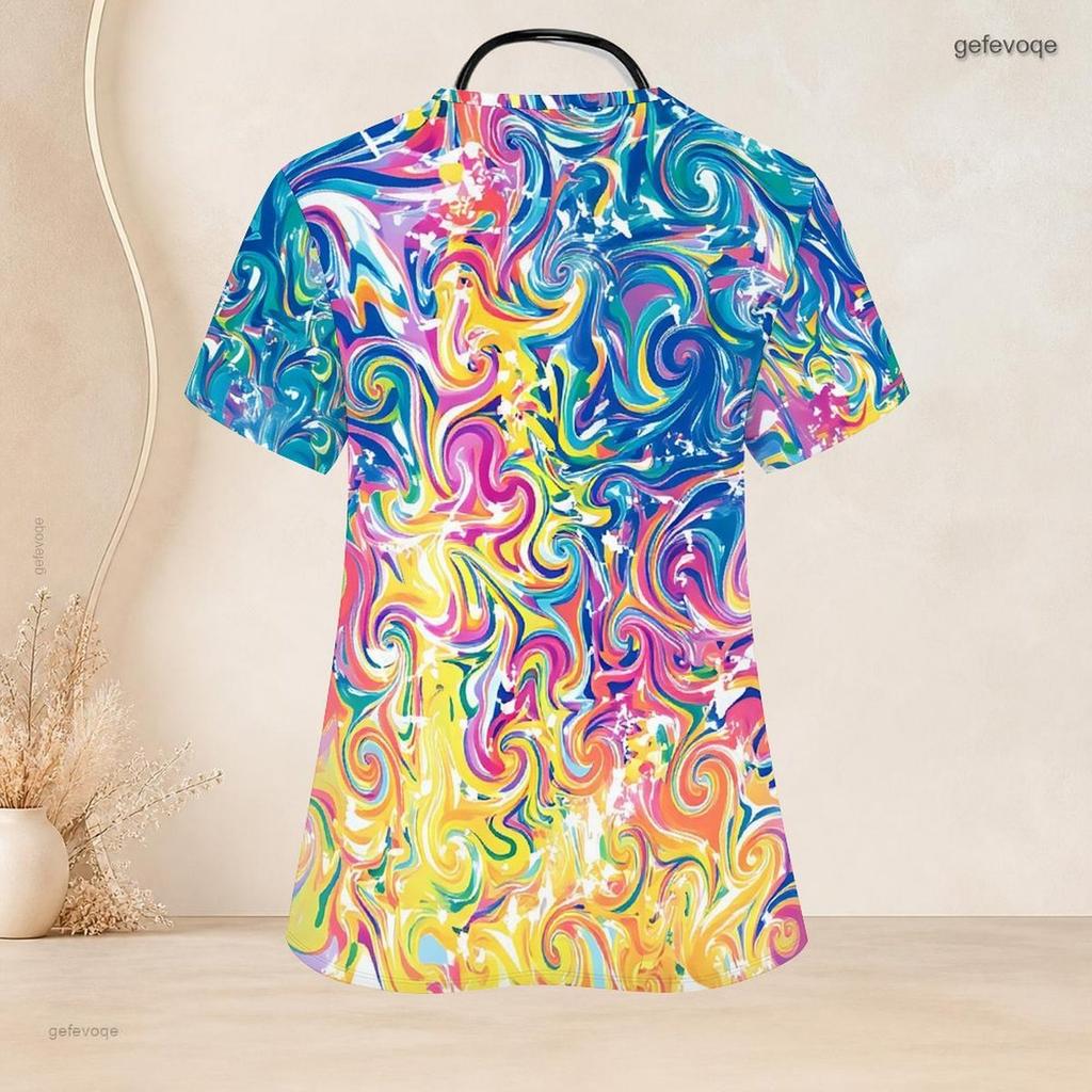 Women Plus Size Keyhole Neck Short Sleeve Butterfly Printed Black Nurse Scrub Top With Pockets
