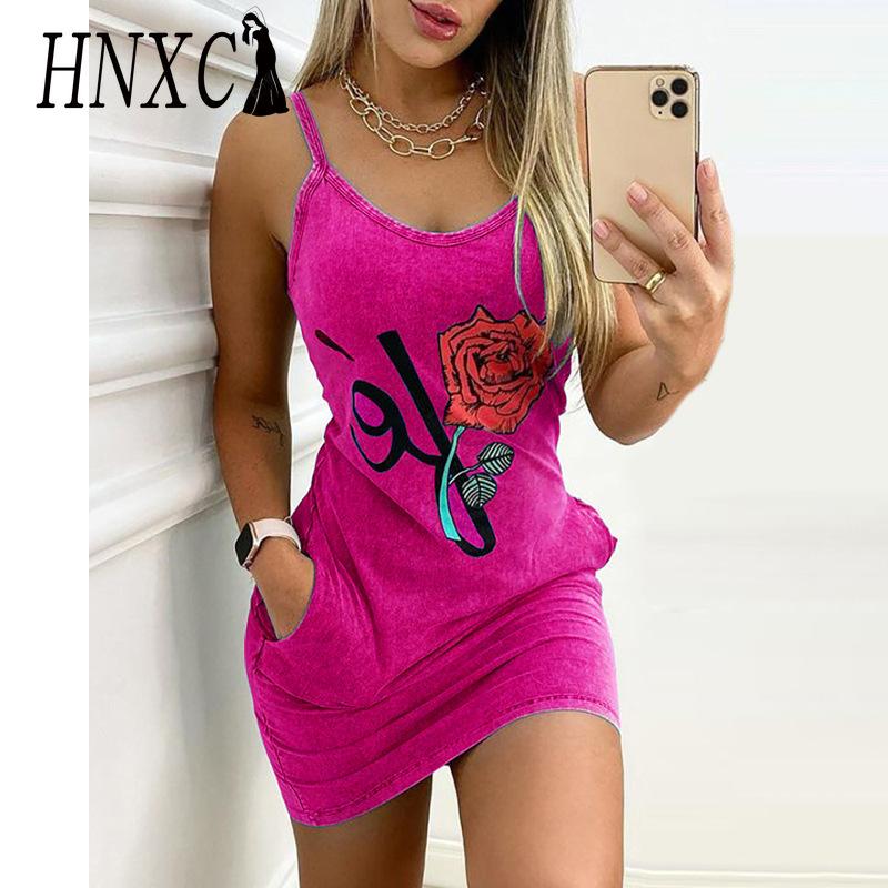 

HNXC Women Elegant Summer Floral Letter Print Denim Bodycon Mini Slim Dress Sleeveless Pocket Design XXXXXL розы красного