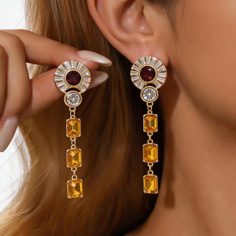 European and American Vintage Silver Rhinestone Tassel Stud Earrings with Geometric Design