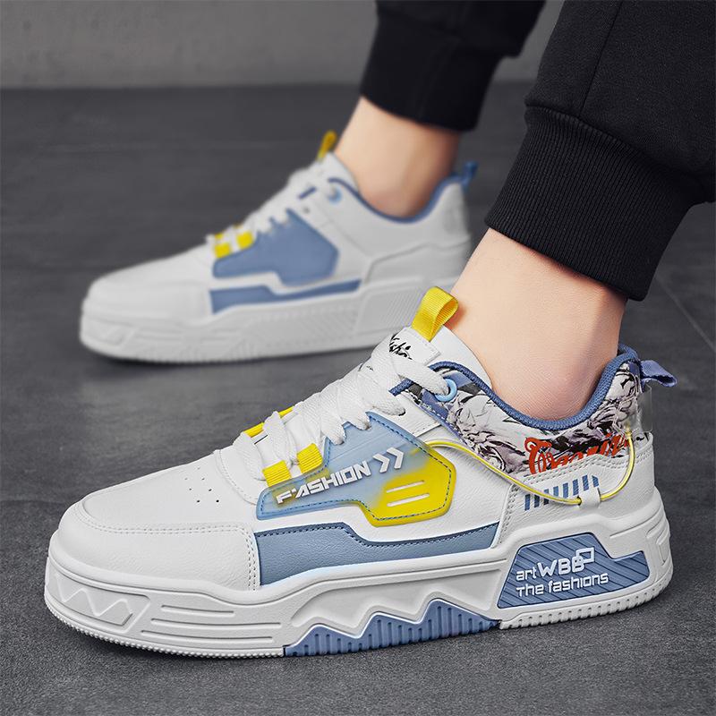 Spring 2024 New Thick-Soled Heightening Leather Surface White Shoes Fashionable Color Matching Breathable And Comfortable Youth Sports Men'S Shoes