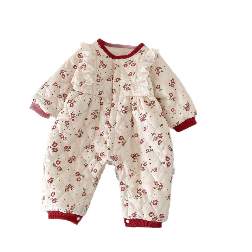 Korean Style Winter Fleece Romper for Baby Girls - Floral Lace Trim Outing Suit