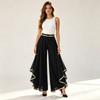 High Waist Wide Leg Pants Layered Chiffon Trousers with Contrast Trim and Casual Loose Fit for Women