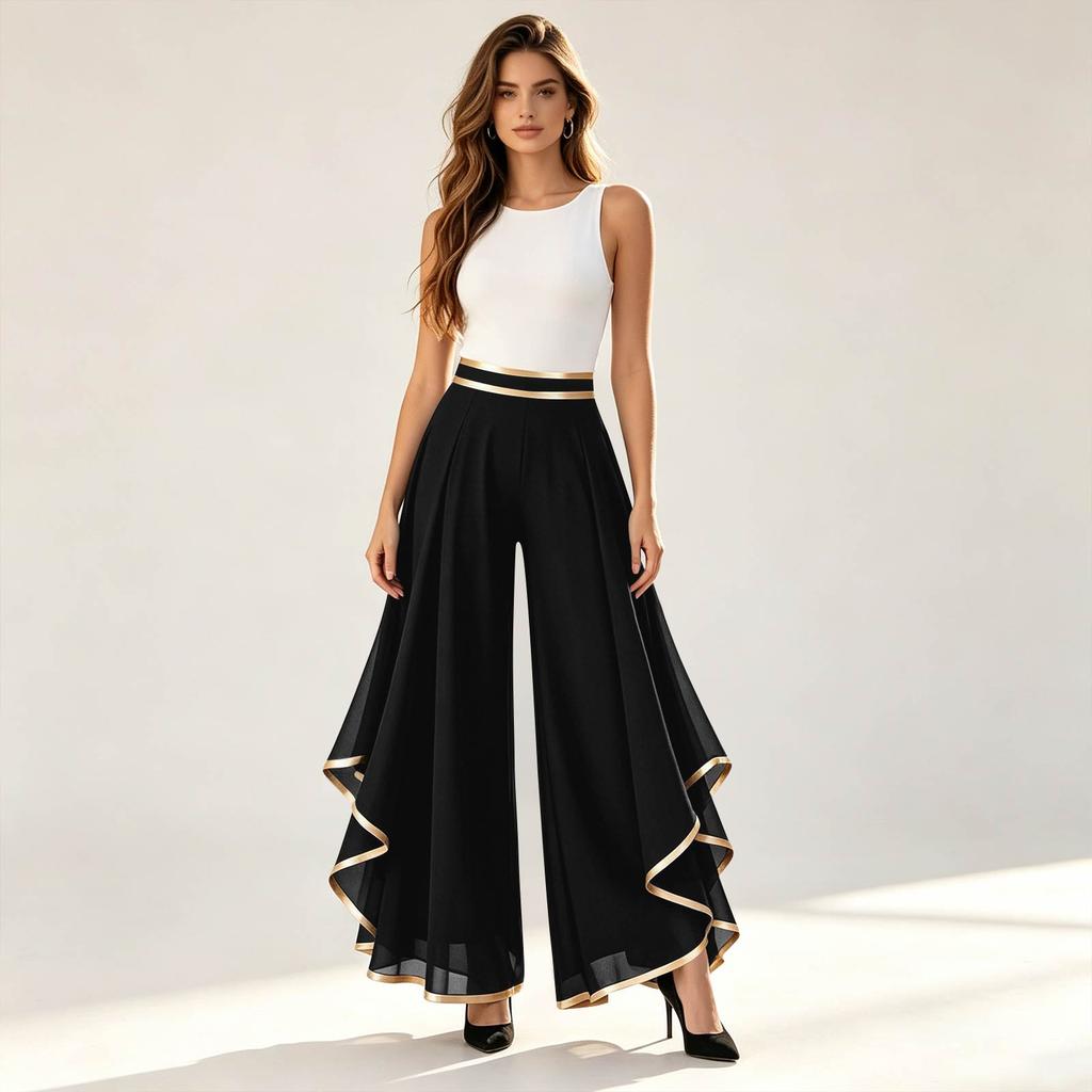 High Waist Wide Leg Pants Layered Chiffon Trousers with Contrast Trim and Casual Loose Fit for Women