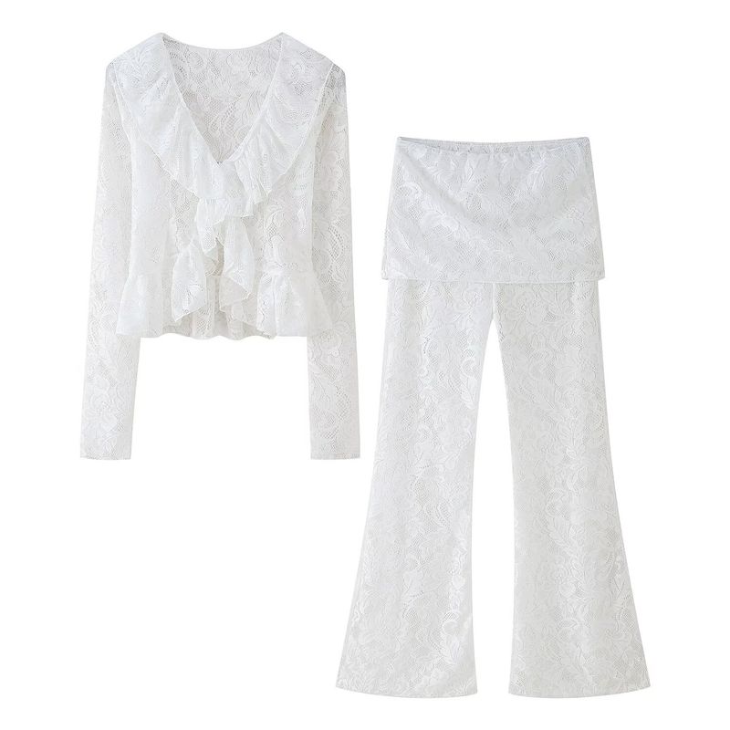 Kaslead New Arrival Women's Clothing Fashion Style Lace Cardigan Long Sleeves Tops Casual Pants Suit