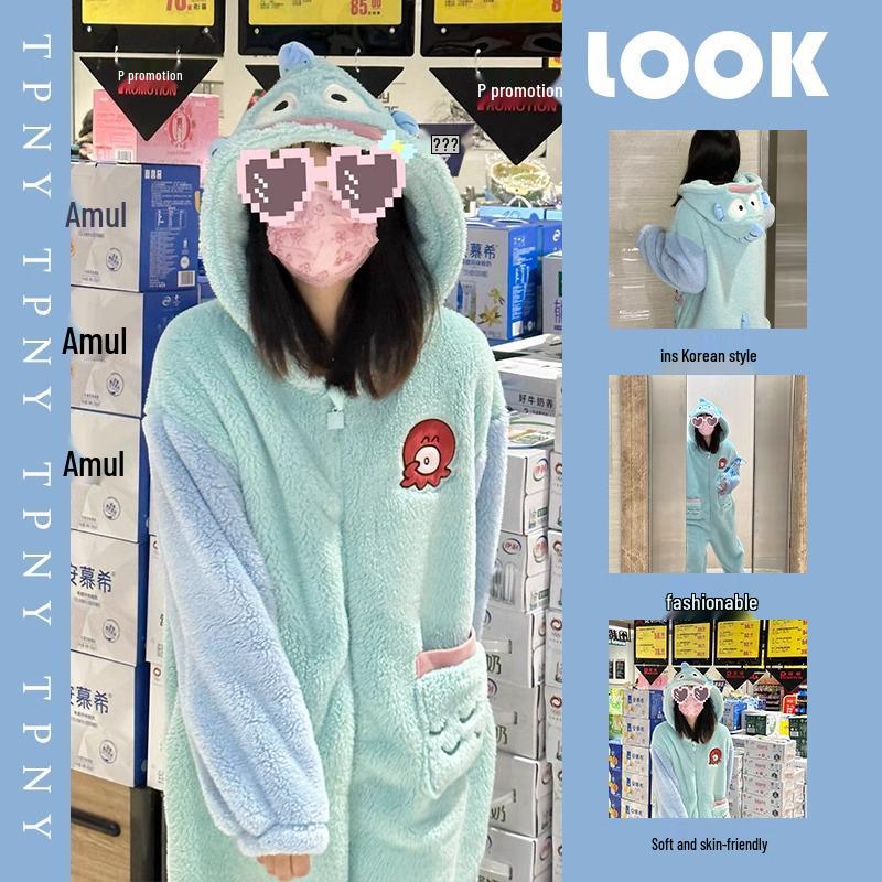 

Женская зимняя пижама из кораллового флиса с принтом рыбы-клоуна: Плотный велюровый халат для дома, издание 2025 S