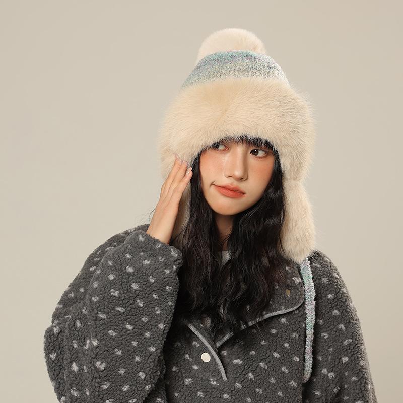 New Bomber Hat Women Thickened Faux Fur Hat Winter, Keep Warm Ear Hat, Cold-Proof Ski Hat