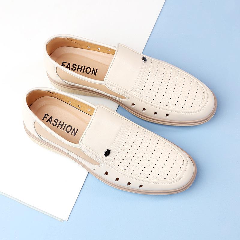 Fashion Business Beige White Men's Shoes Fashion Leather Casual Light Middle-aged Shoes for Men Newdesigner Spring Autumn Hollow Sandals