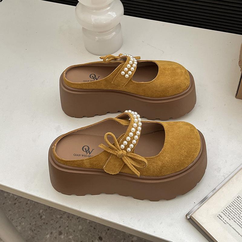 Retro niedlich Schleife Perle dicker Boden erhöhend Mary Jane Hausschuhe Damen Frühling neu rutschfest Muffin Bag Head Mop