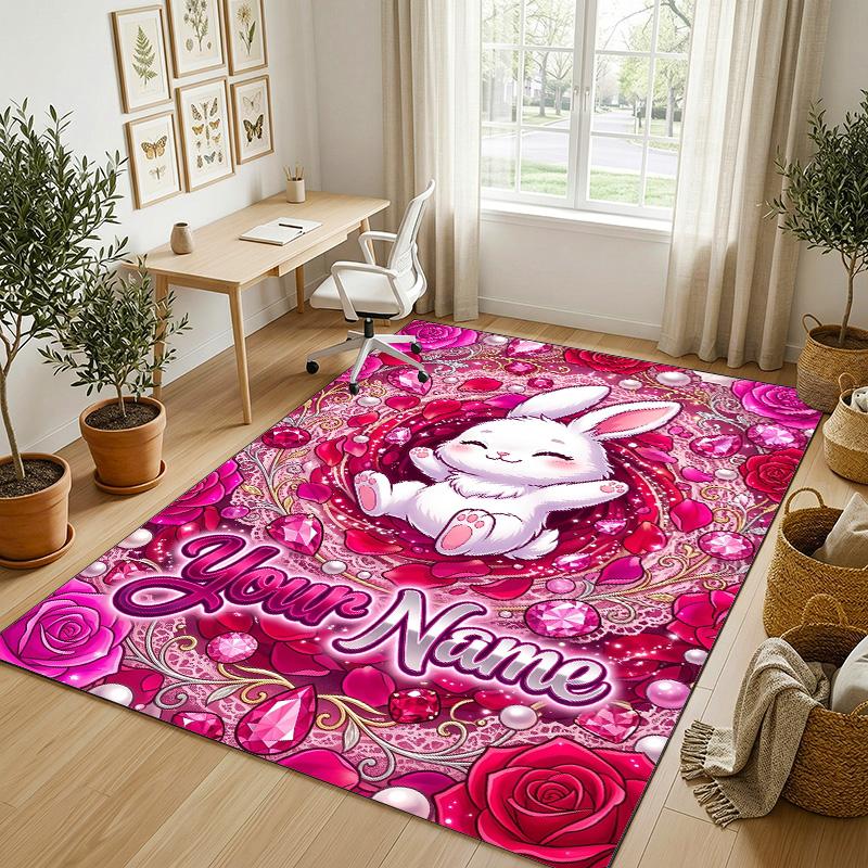 Easter Bunny Theme Crystal Velvet Rug Personalized Custom Name Text Soft Floor Mat Home Decor