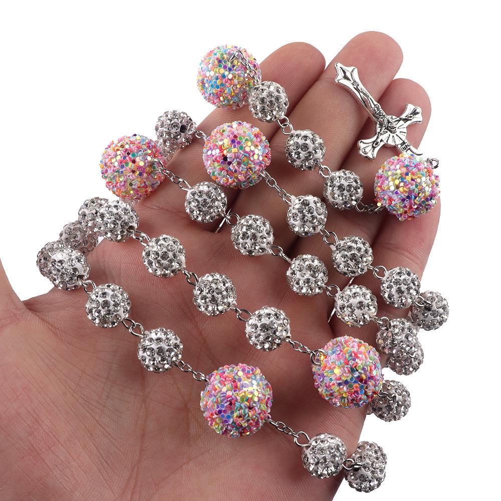 European & American Women's Six-Layer Rosary Necklace with Diamond-Studded Soft Clay Beads