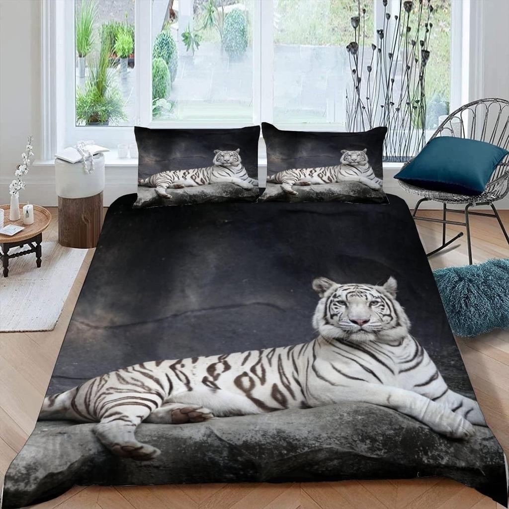 White Tiger Duvet Cover Set Queen Size Wildlife Comforter Covers Animal Print Bedding Set For Boys Girls Kids Art Bedroom Decor