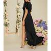 Women's Holiday Dress Solid Color Short-sleeved V-neck Sexy High Waist Slit Long Dress